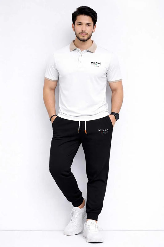 Men Printed Track Suit Set White Black MILANO Polyester